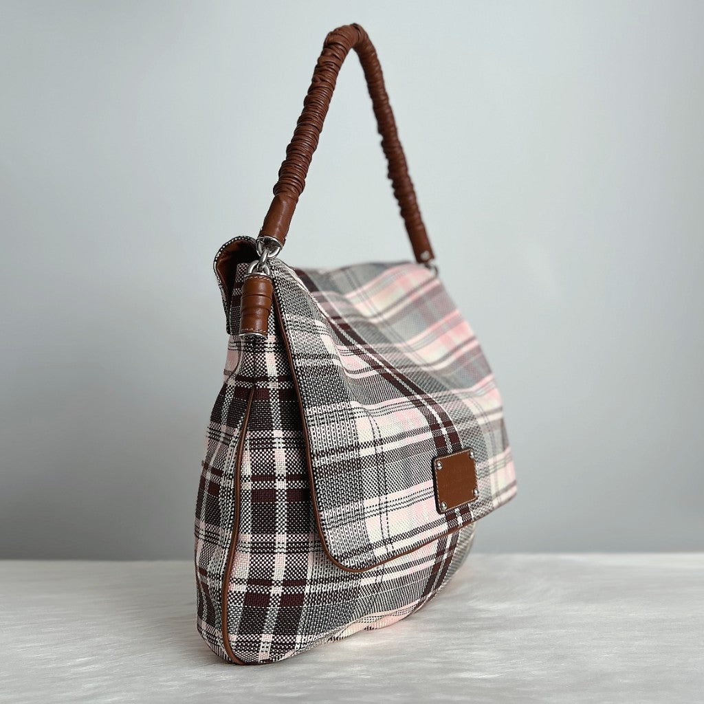 Dolce & Gabbana Caramel Leather Check Pattern Carryall Shoulder Bag Like New