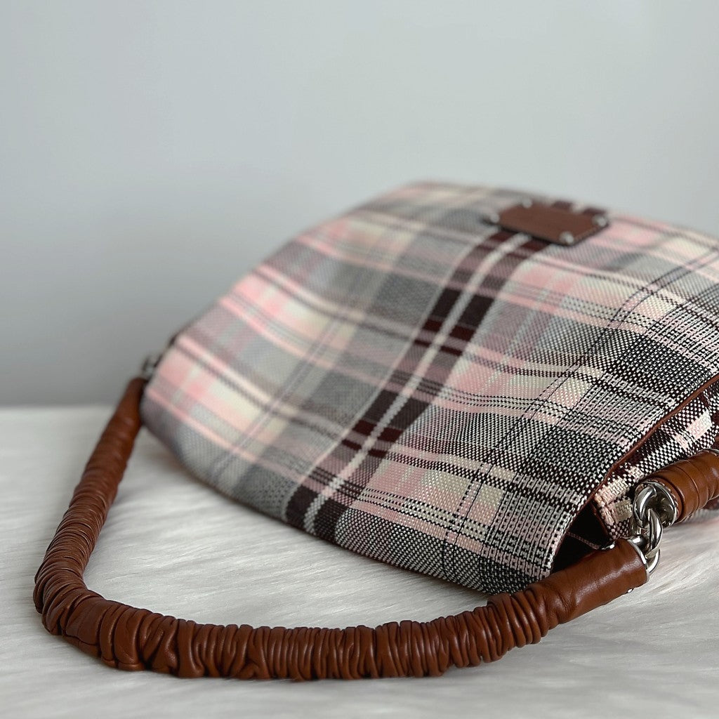 Dolce & Gabbana Caramel Leather Check Pattern Carryall Shoulder Bag Like New