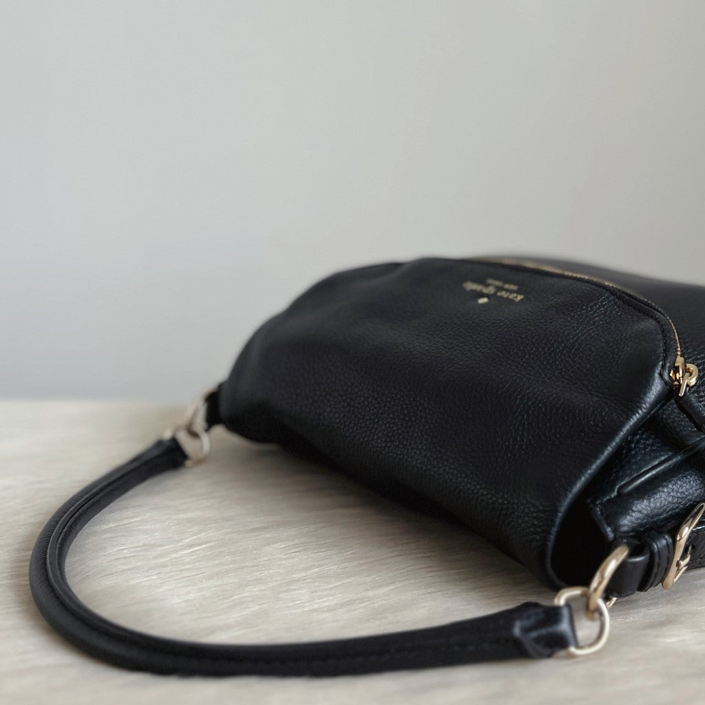 Kate Spade Black Leather Front Logo Zip Detail Shoulder Bag Like New
