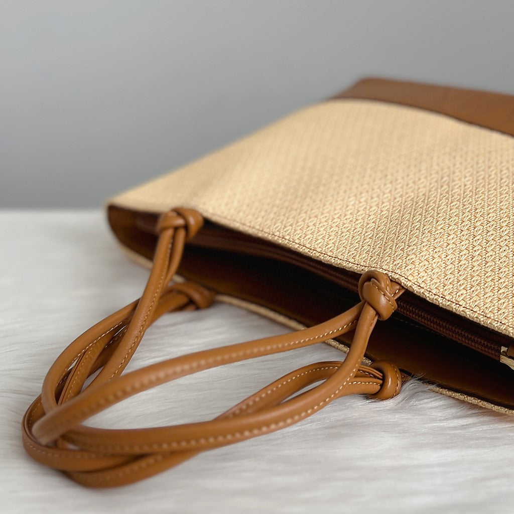 Nina Ricci Caramel Leather Straw Triple Compartment Shoulder Bag