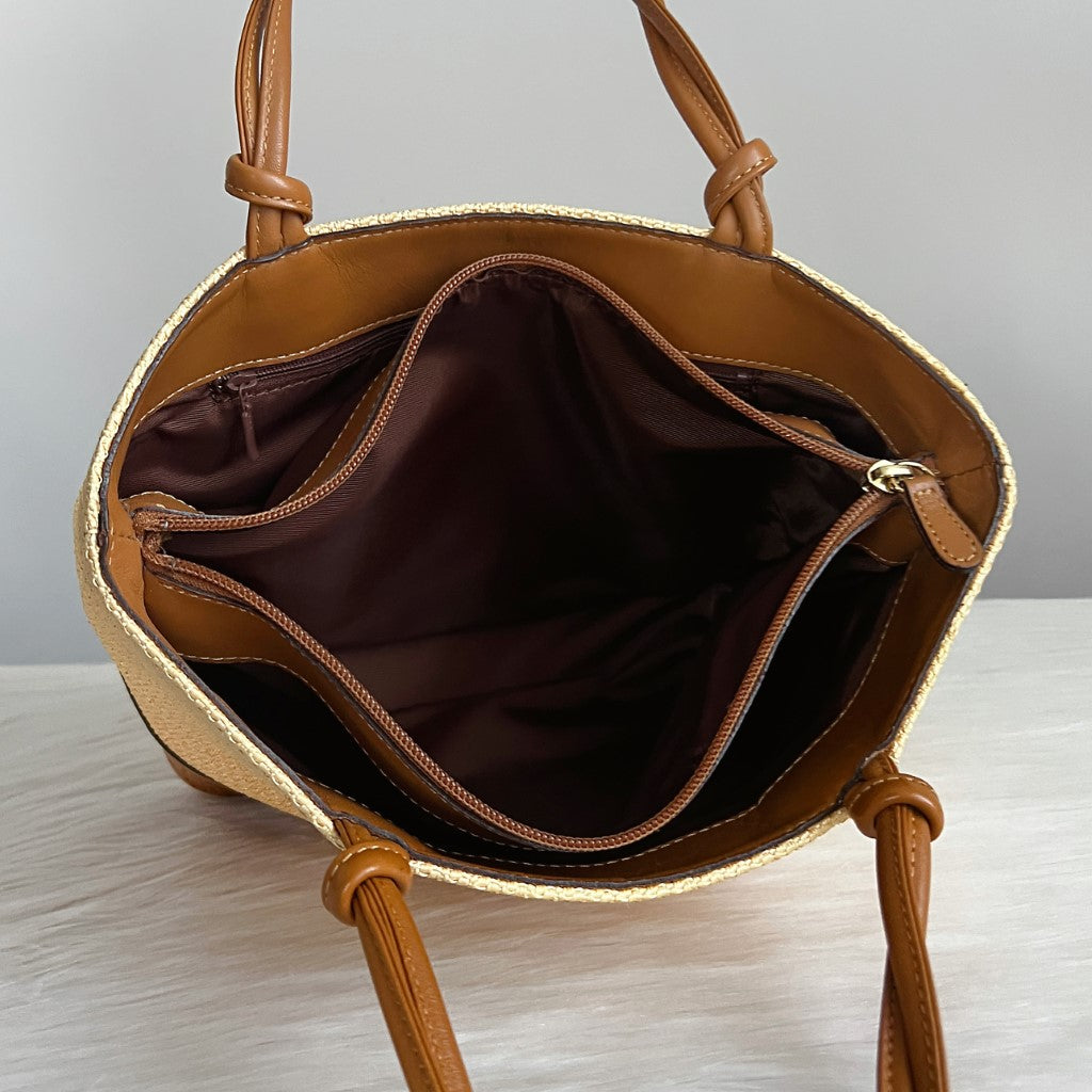 Nina Ricci Caramel Leather Straw Triple Compartment Shoulder Bag