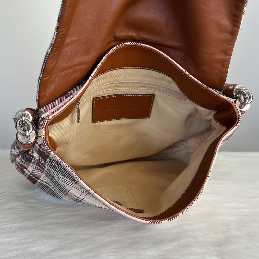 Dolce & Gabbana Caramel Leather Check Pattern Carryall Shoulder Bag Like New