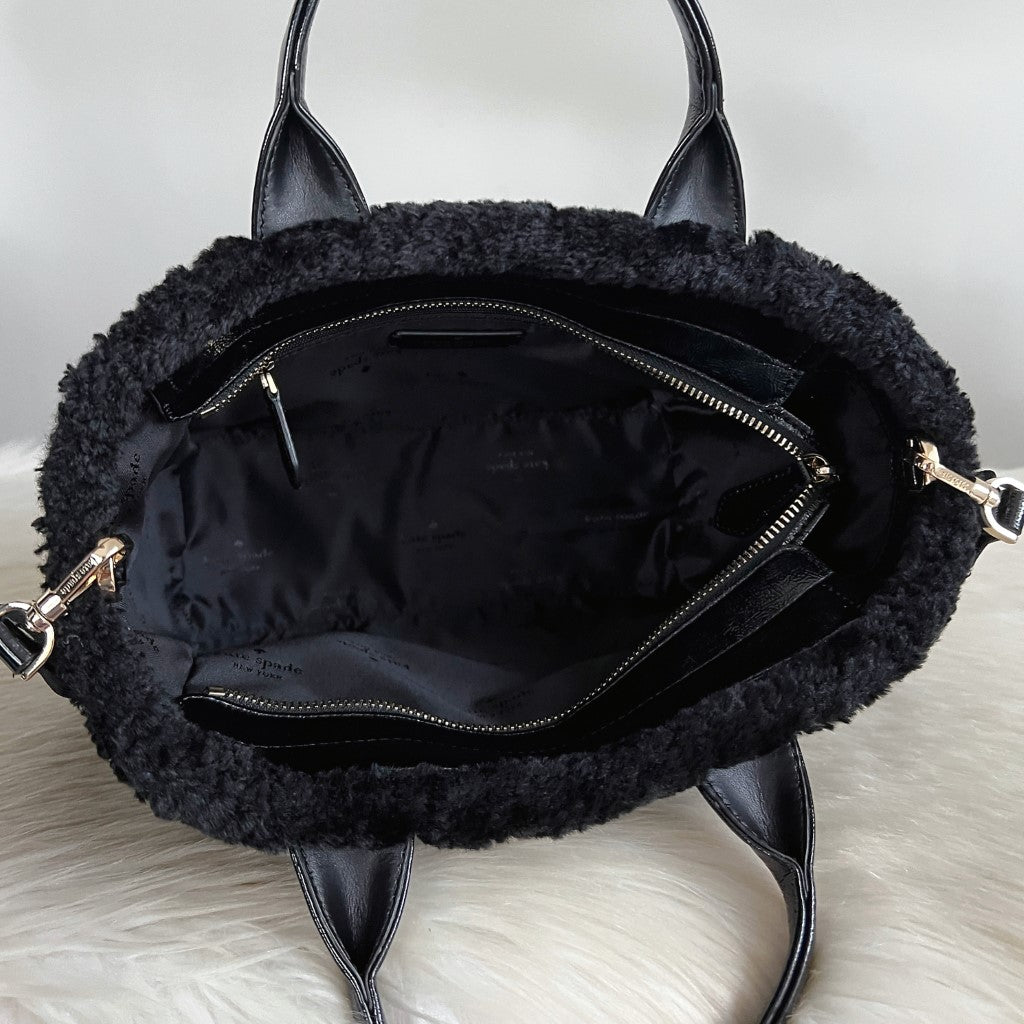 Kate Spade Black Patent Leather Woollen Edge Book Tote 2 Way Shoulder Bag Excellent