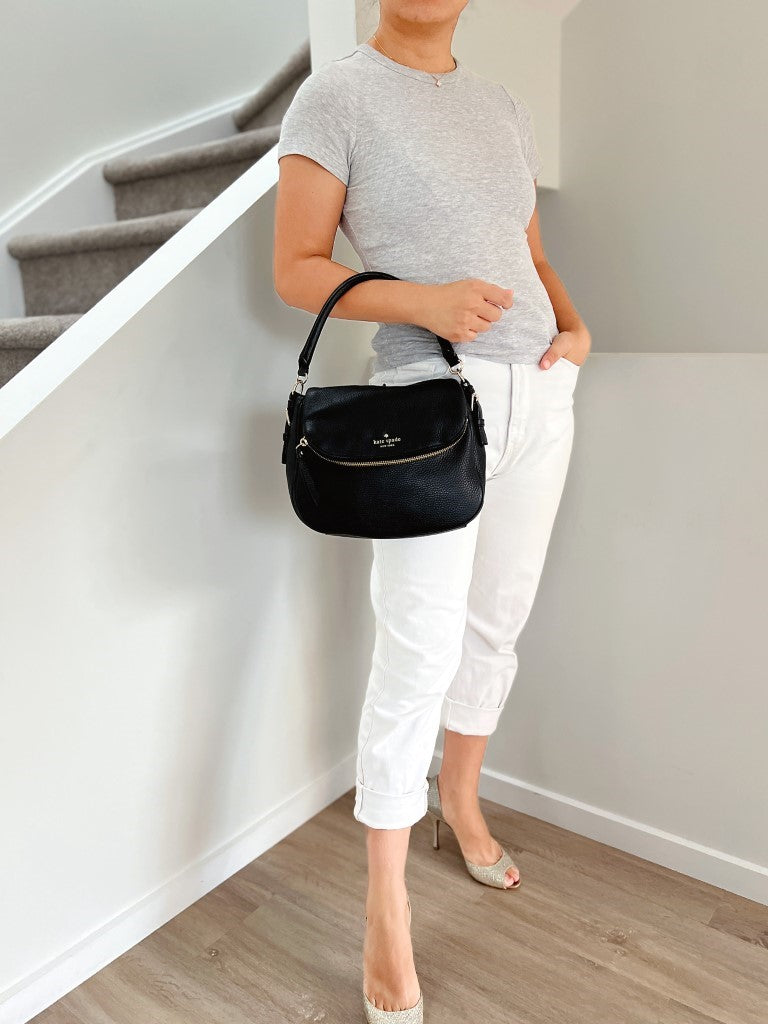 Kate Spade Black Leather Front Logo Zip Detail Shoulder Bag Like New