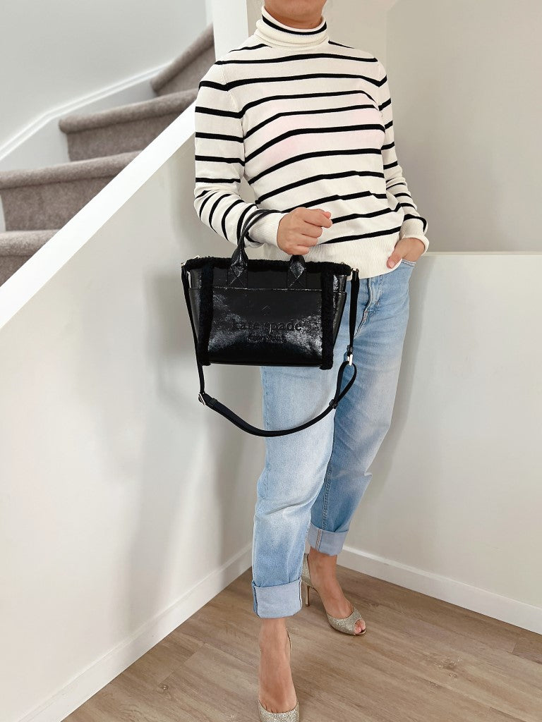 Kate Spade Black Patent Leather Woollen Edge Book Tote 2 Way Shoulder Bag Excellent
