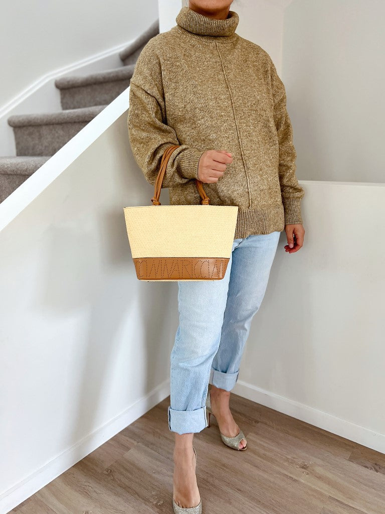 Nina Ricci Caramel Leather Straw Triple Compartment Shoulder Bag