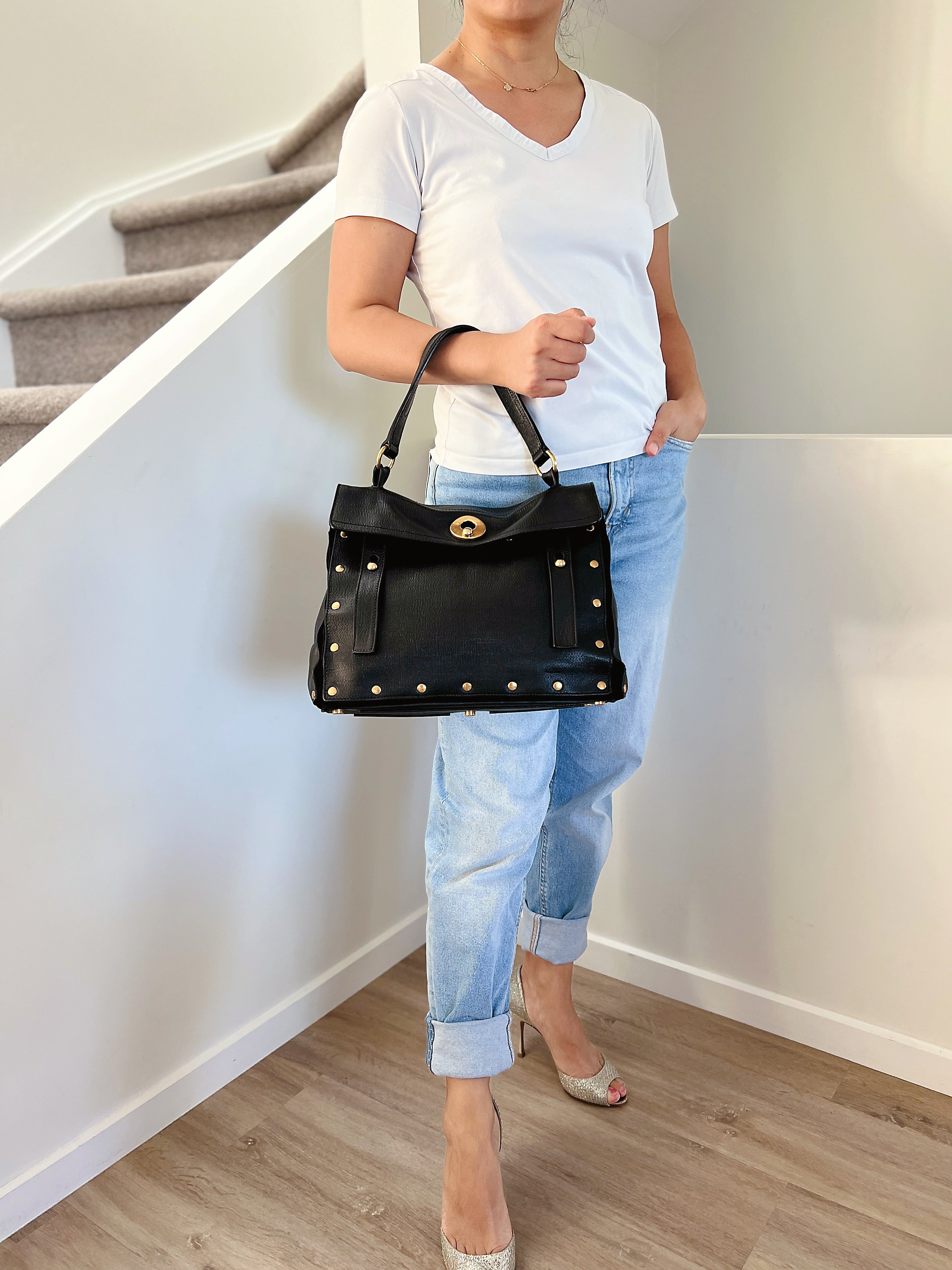 Yves Saint Laurent YSL Black Leather Suede Studded Muse Two Tote Excellent