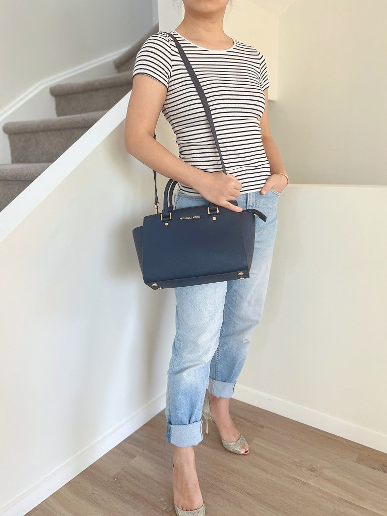 Michael Kors Navy Leather Front Logo 2 Way Shoulder Bag Excellent