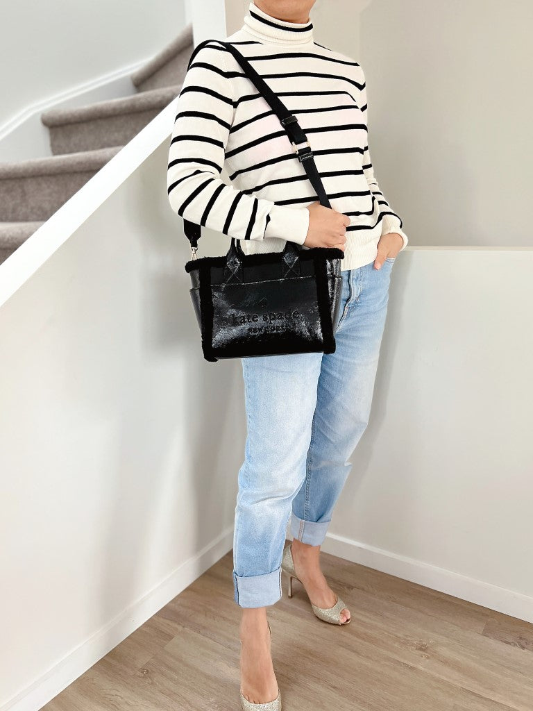 Kate Spade Black Patent Leather Woollen Edge Book Tote 2 Way Shoulder Bag Excellent