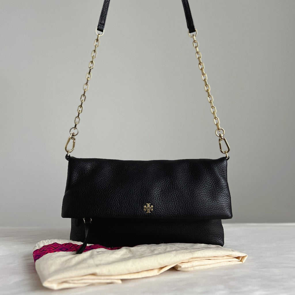 Tory Burch Black Leather Front Detail Chain Crossbody Shoulder Bag Like New