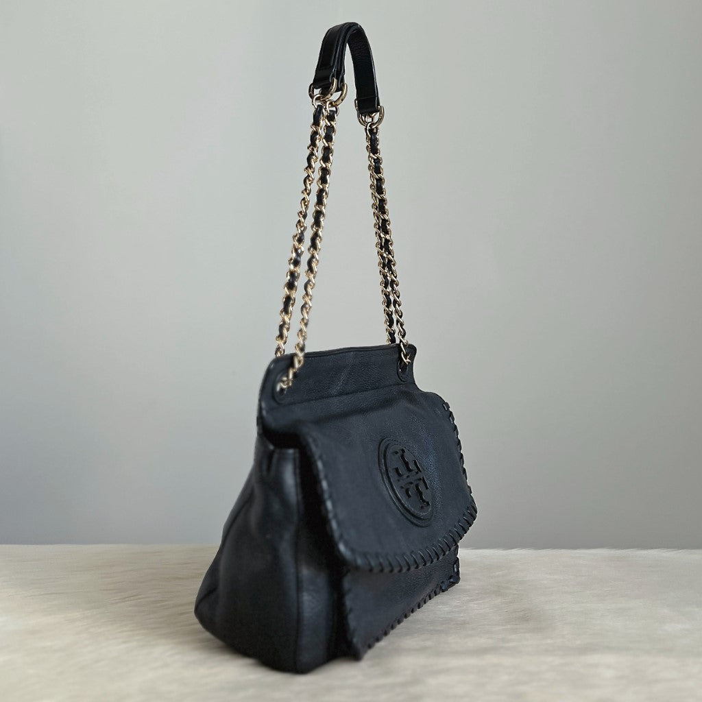 Tory Burch Black Leather Chain Detail 3 Way Shoulder Bag Like New