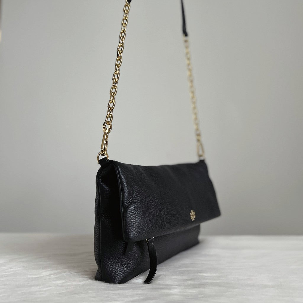 Tory Burch Black Leather Front Detail Chain Crossbody Shoulder Bag Like New