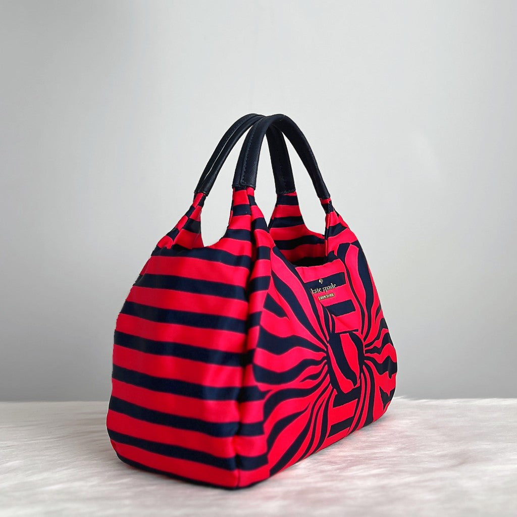 Kate Spade Navy Leather Front Bow Stripe Pattern Tote Bag Like New