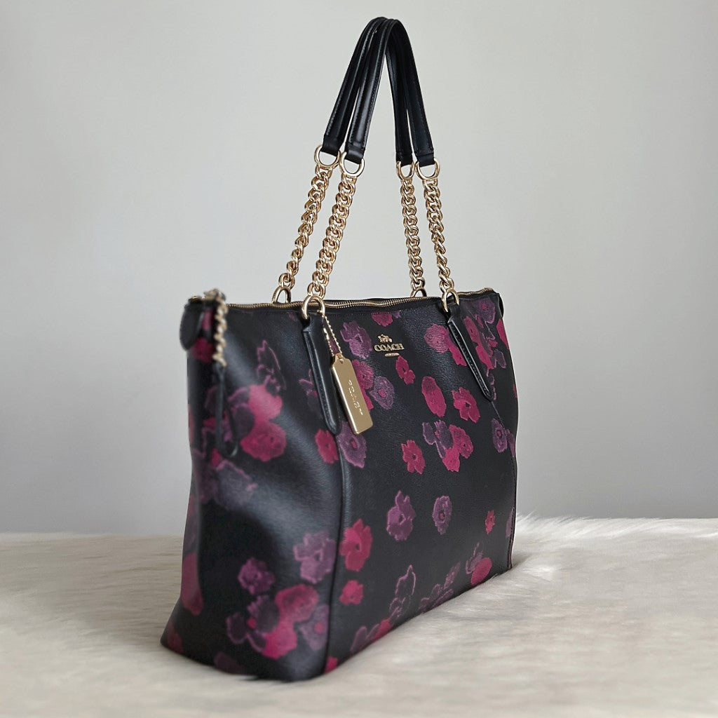 Coach Black Leather Floral Pattern Chain Carryall Detail Shoulder Bag