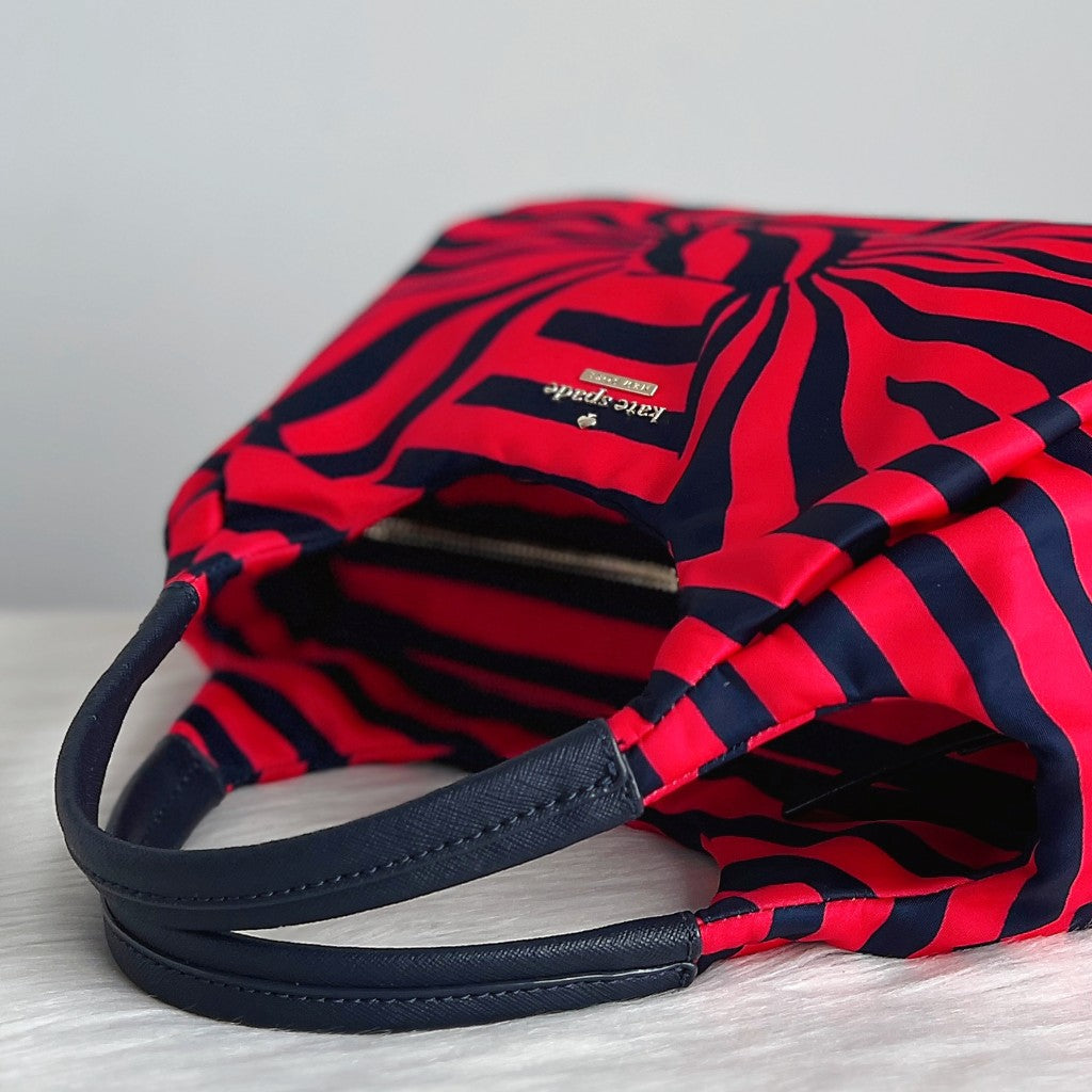 Kate Spade Navy Leather Front Bow Stripe Pattern Tote Bag Like New