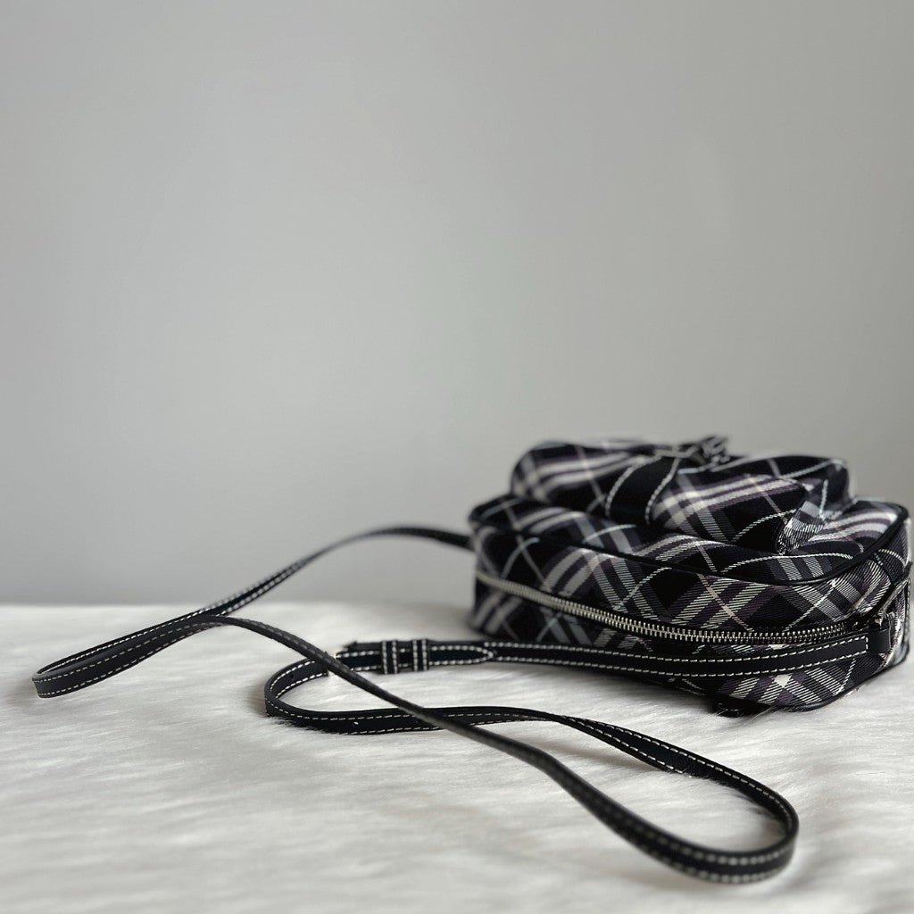 Burberry Black Leather Signature Check Pattern Camera Crossbody Shoulder Bag Like New