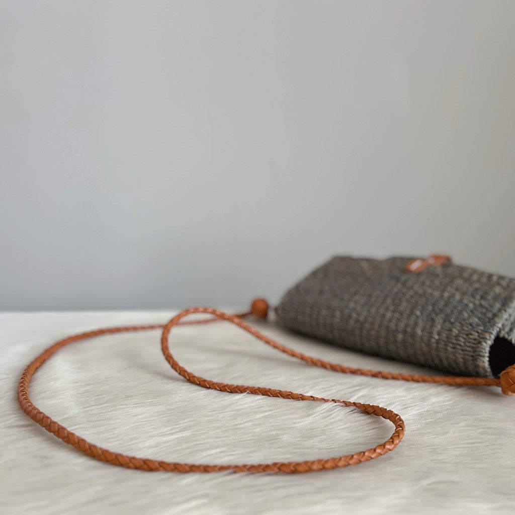 Ralph Lauren Caramel Leather Front Buckle Straw Crossbody Shoulder Bag Excellent