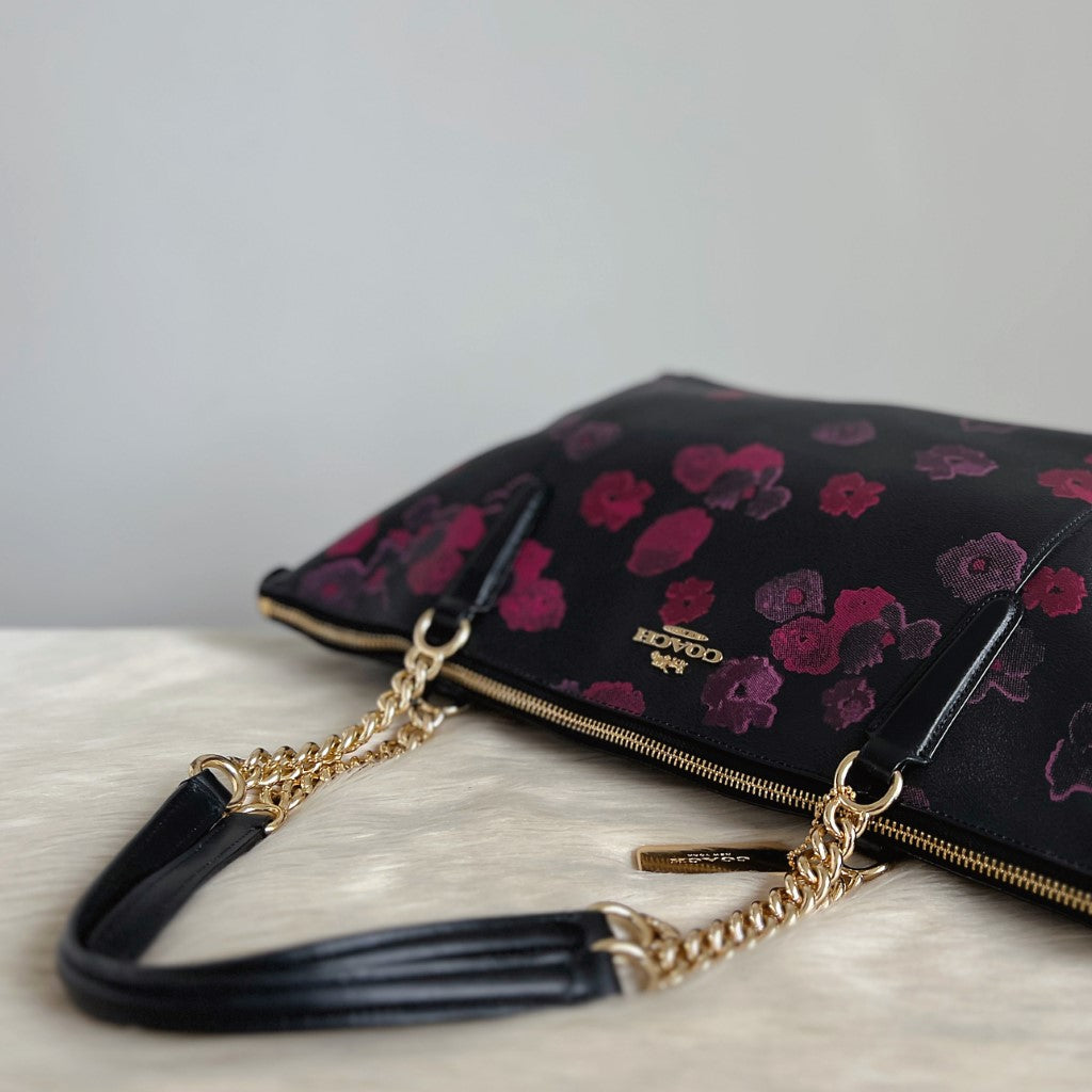 Coach Black Leather Floral Pattern Chain Carryall Detail Shoulder Bag