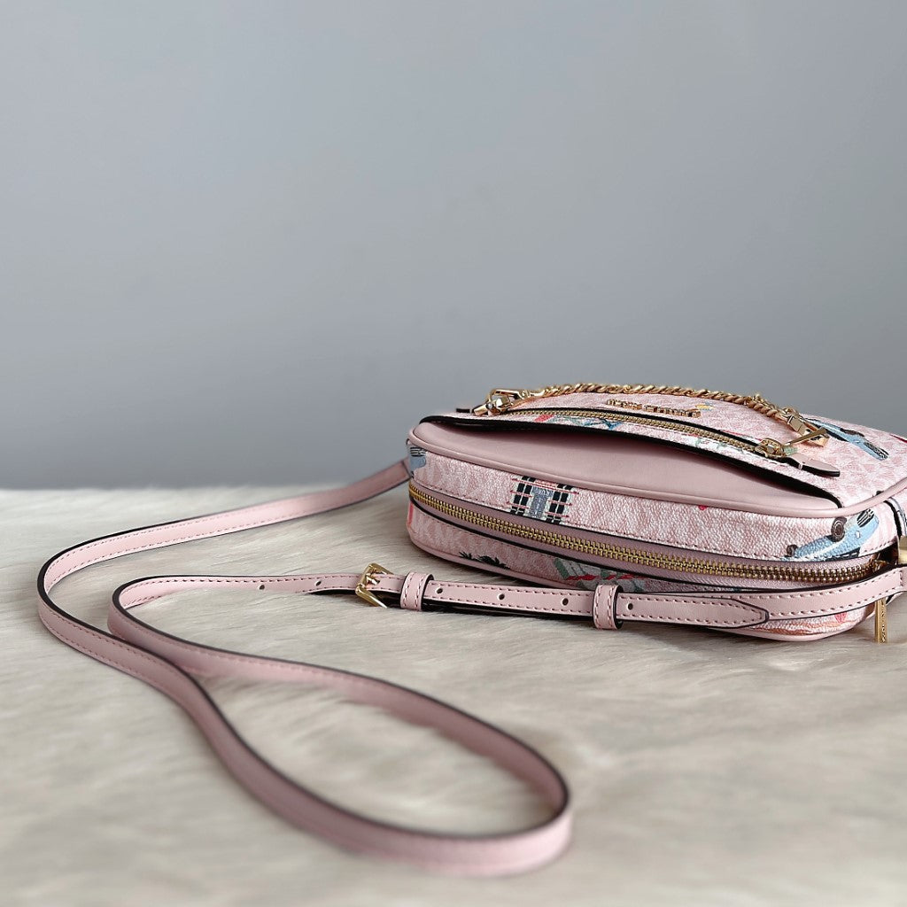 Michael Kors Pink Leather Monogram Chain Detail Crossbody Shoulder Bag Like New