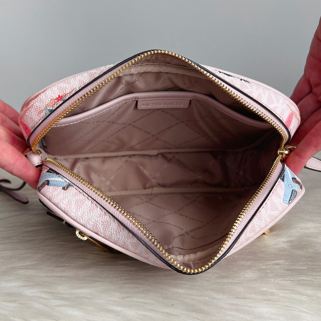 Michael Kors Pink Leather Monogram Chain Detail Crossbody Shoulder Bag Like New