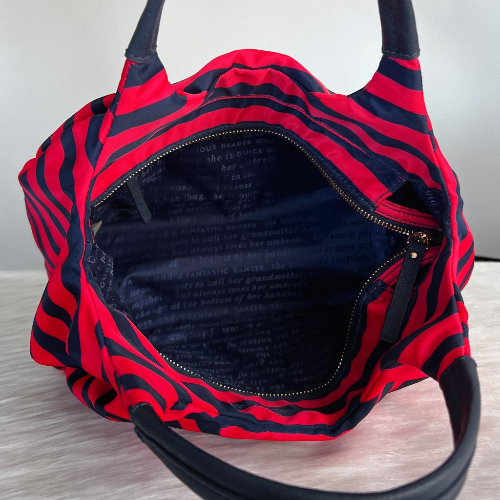 Kate Spade Navy Leather Front Bow Stripe Pattern Tote Bag Like New
