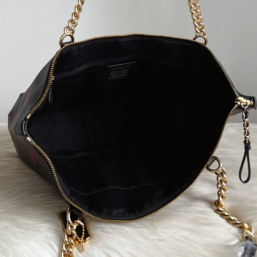 Coach Black Leather Floral Pattern Chain Carryall Detail Shoulder Bag
