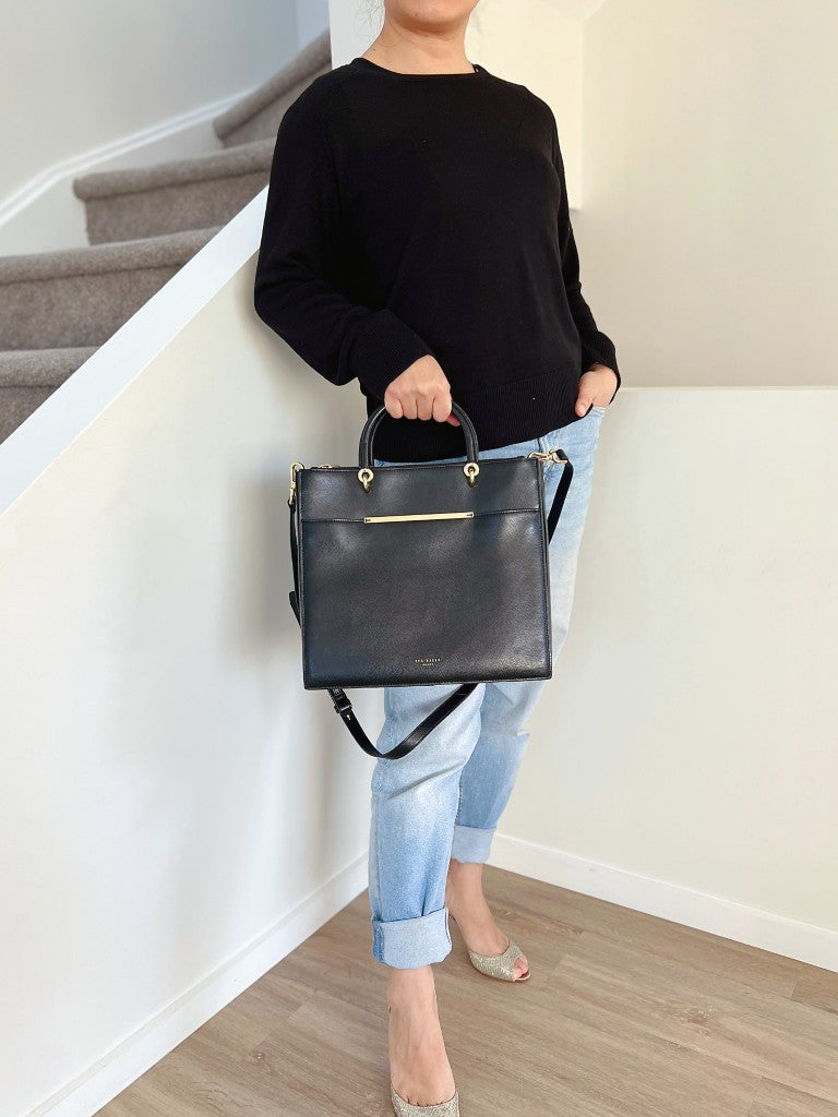 Ted Baker Black Leather Career Triple Compartment 2 Way Shoulder Bag Like New