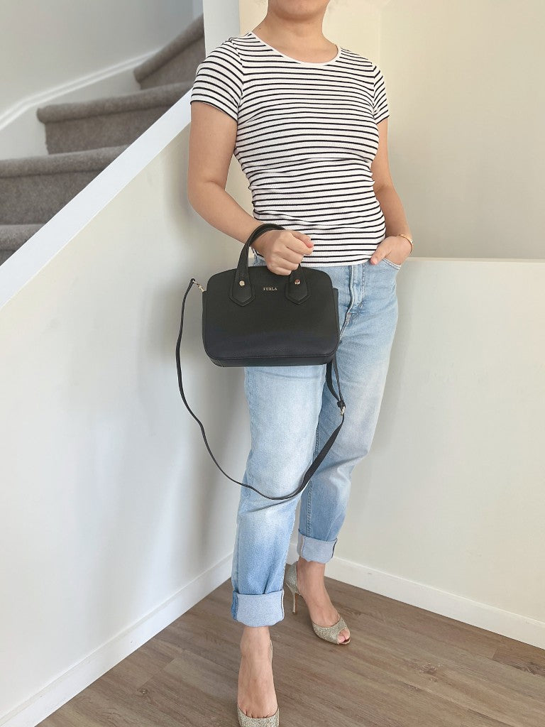 Furla Black Leather Front Logo 2 Way Shoulder Bag Like New