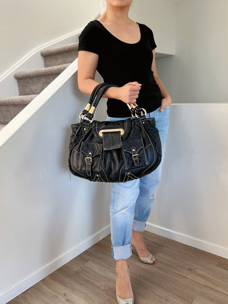 Dolce & Gabbana D&G Black Leather Front Detail Shoulder Bag Excellent