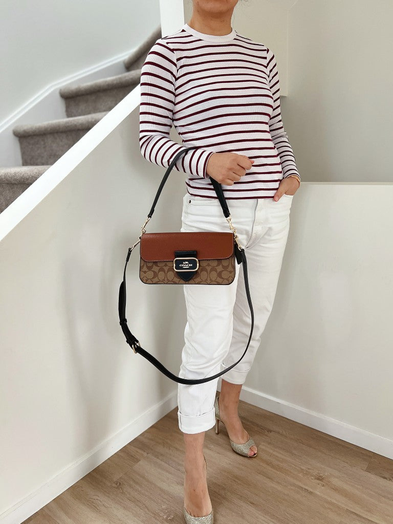 Coach Two Tone Leather Monogram Flap Detail 2 Way Shoulder Bag Like New