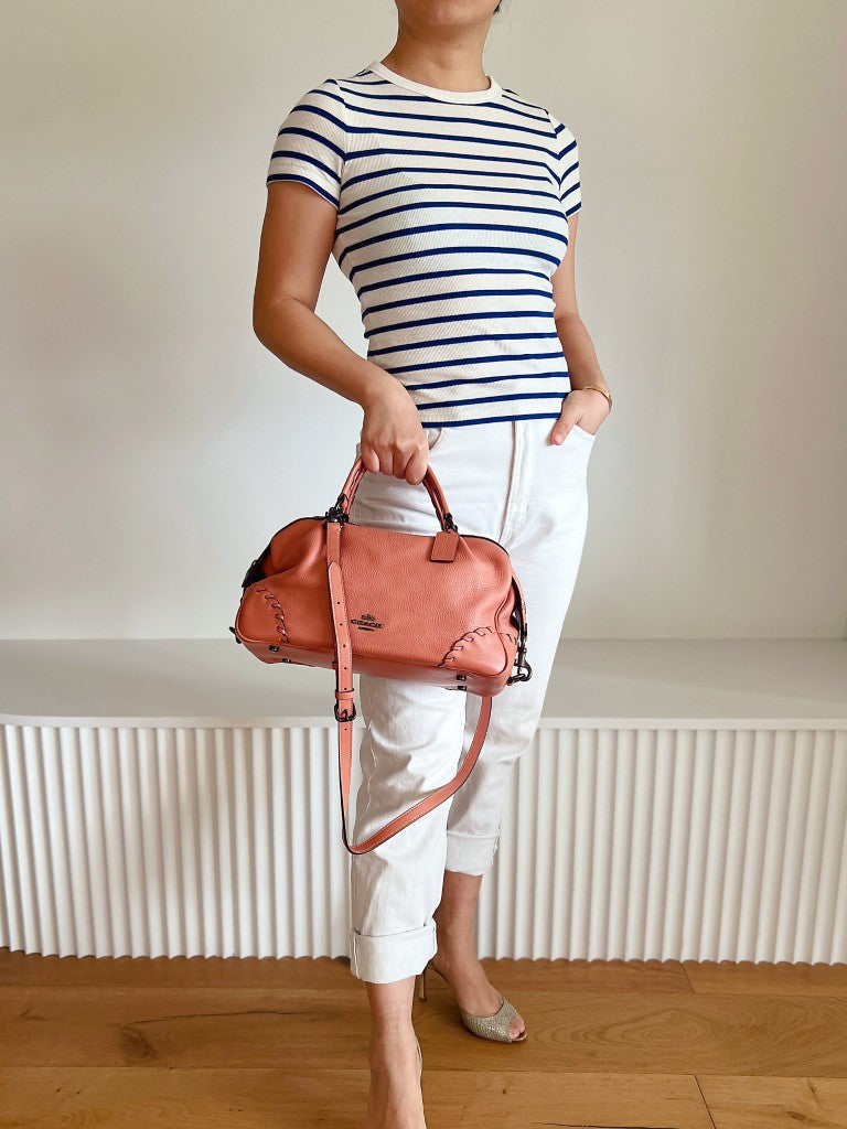 Coach Peach Leather Front Logo Boston 2 Way Shoulder Bag Like New