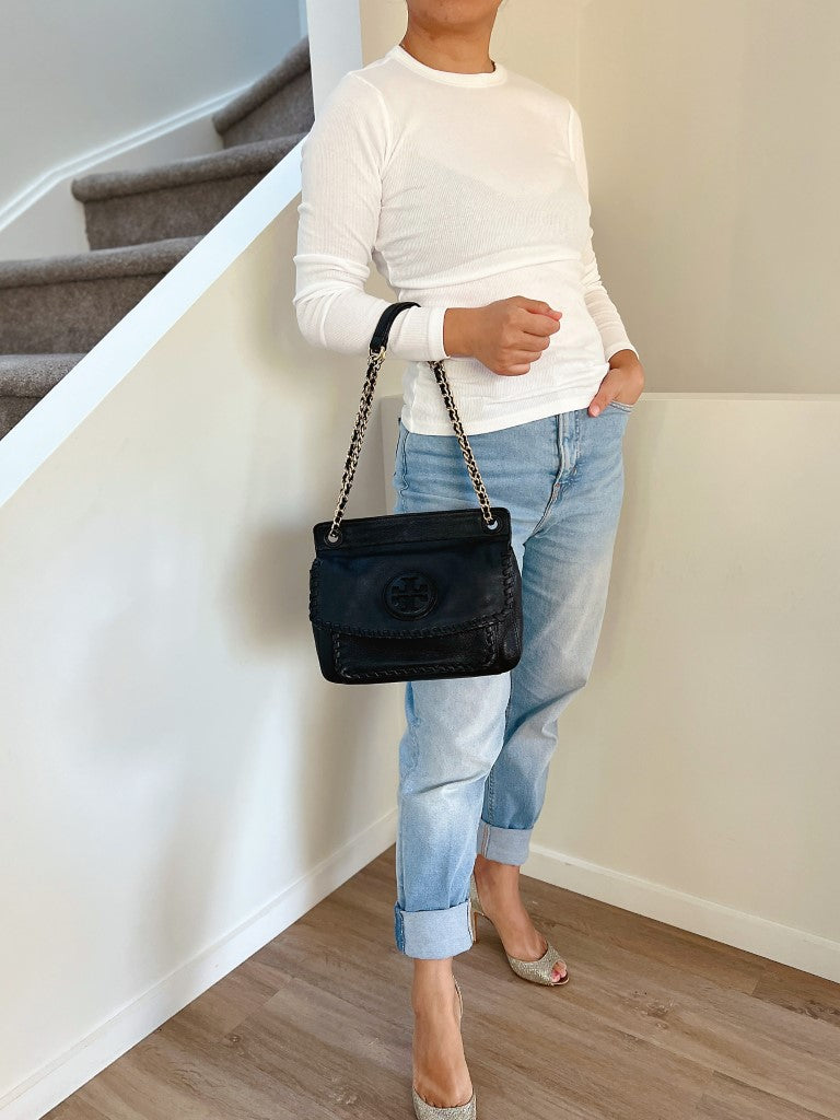 Tory Burch Black Leather Chain Detail 3 Way Shoulder Bag Like New