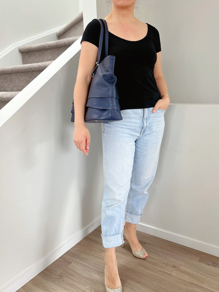 Nina Ricci Navy Leather Triple Compartment Career Shoulder Bag Like New