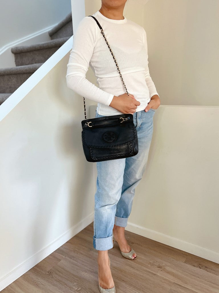 Tory Burch Black Leather Chain Detail 3 Way Shoulder Bag Like New