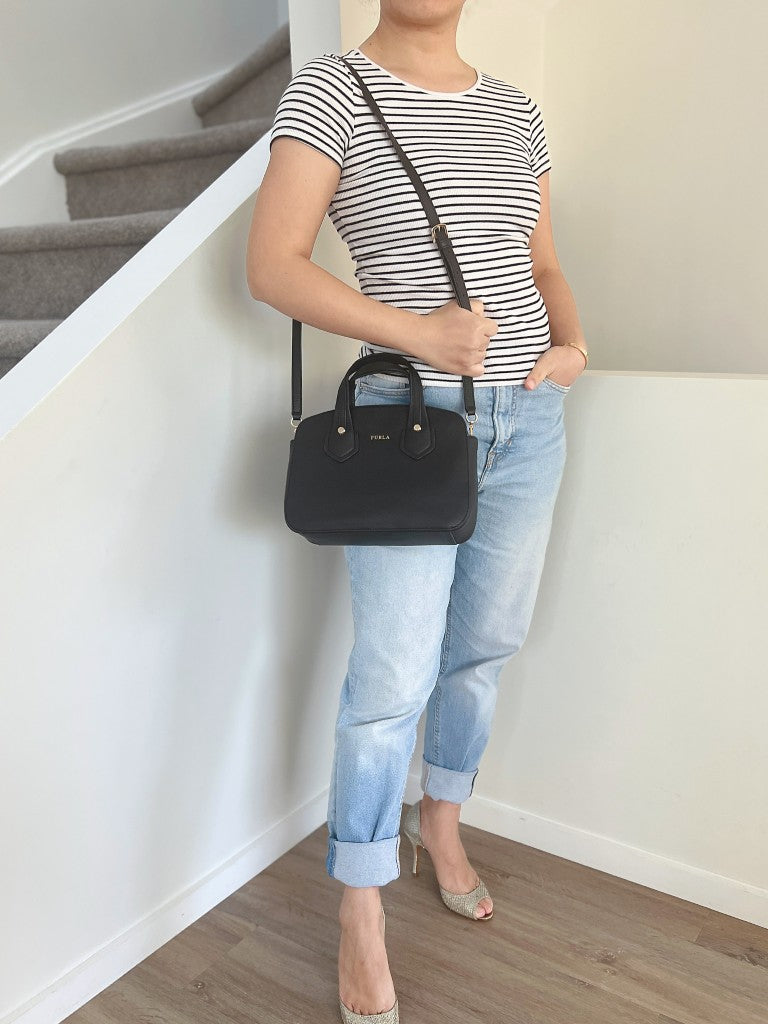 Furla Black Leather Front Logo 2 Way Shoulder Bag Like New