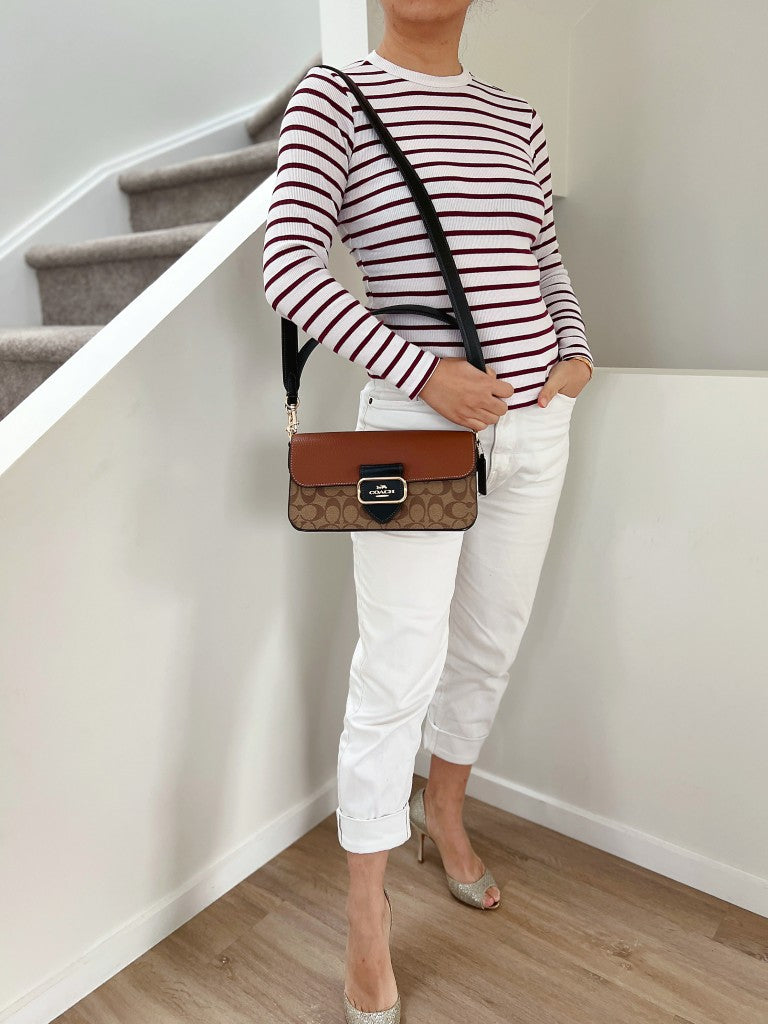 Coach Two Tone Leather Monogram Flap Detail 2 Way Shoulder Bag Like New