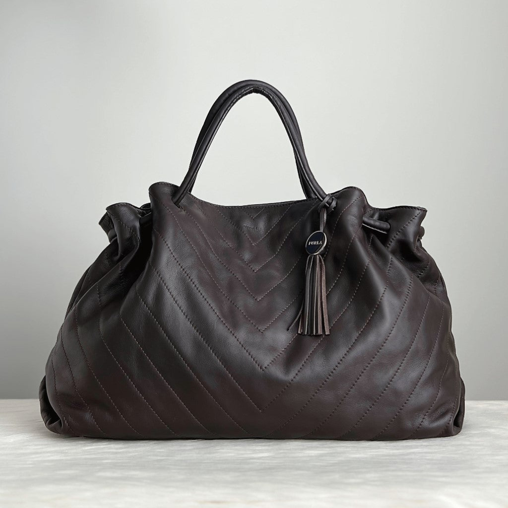 Furla Chocolate Leather Tassel Charm Large Shoulder Bag Like New