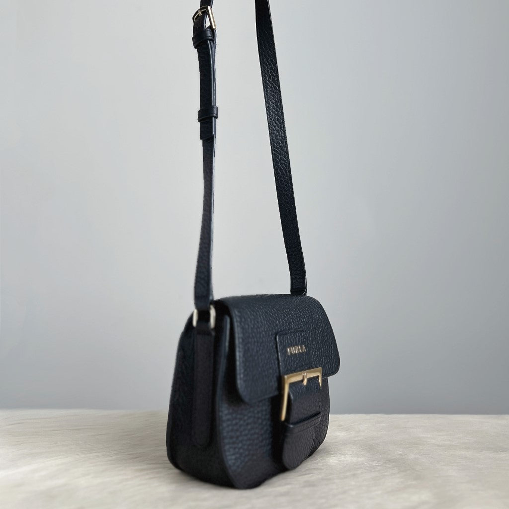 Furla Black Leather Front Buckle Crossbody Shoulder Bag Like New