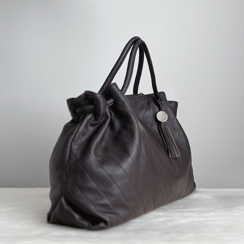 Furla Chocolate Leather Tassel Charm Large Shoulder Bag Like New