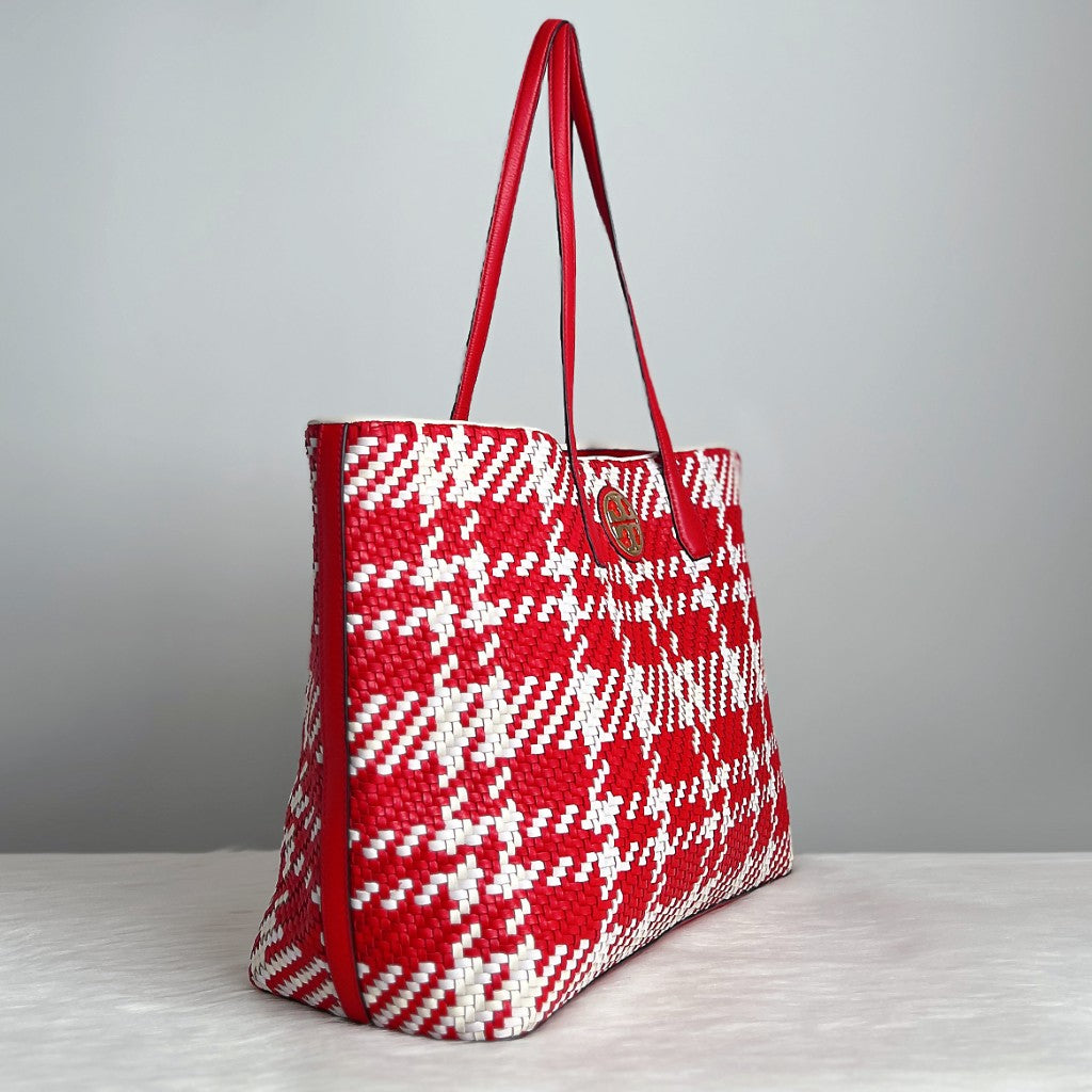 Tory Burch Woven Leather Front Logo Carryall Shoulder Bag Excellent