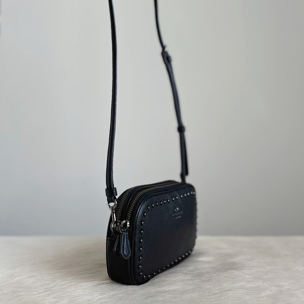 Coach Black Leather Double Compartment 2 Way Crossbody Shoulder Bag Excellent