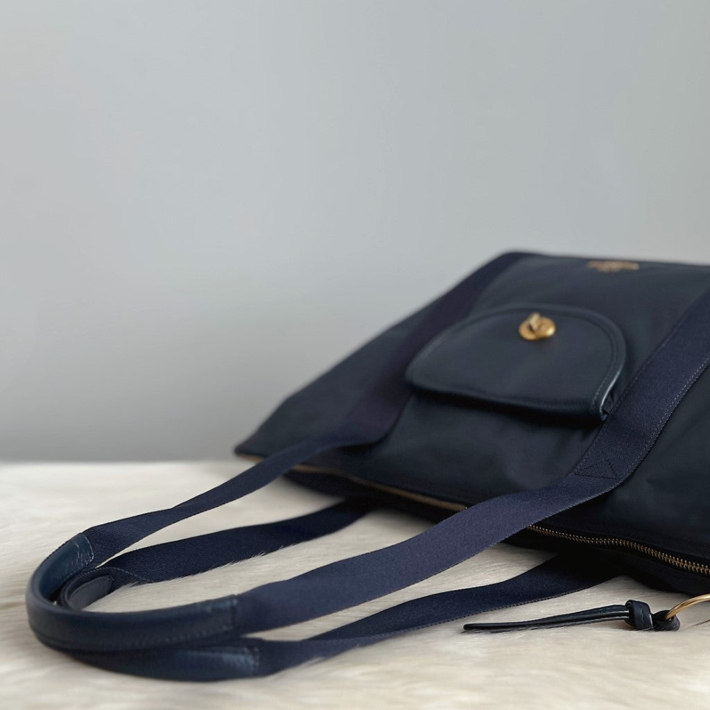 Coach Navy Leather Turn Lock Flap Patchwork Carryall Shoulder Bag Excellent