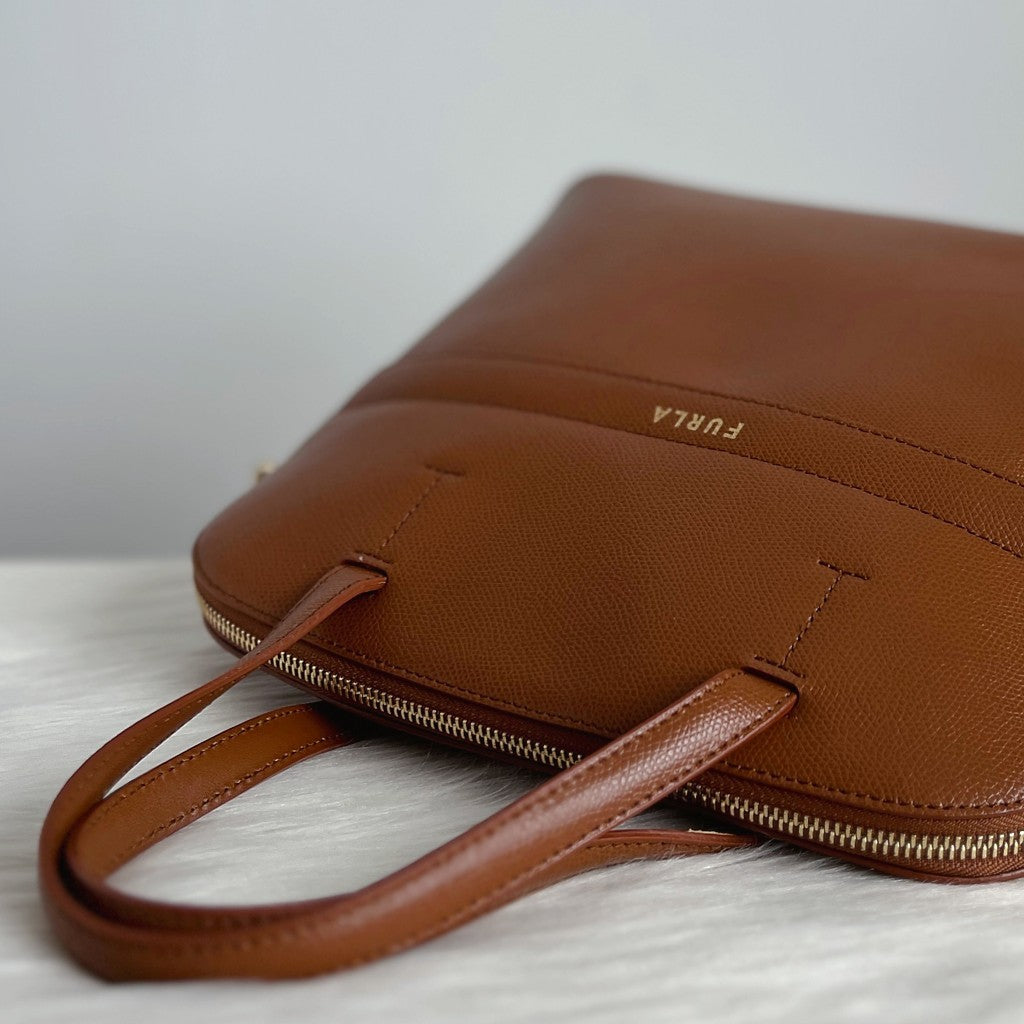 Furla Caramel Leather Front Logo Padlock Charm 2 Way Shoulder Bag Like New