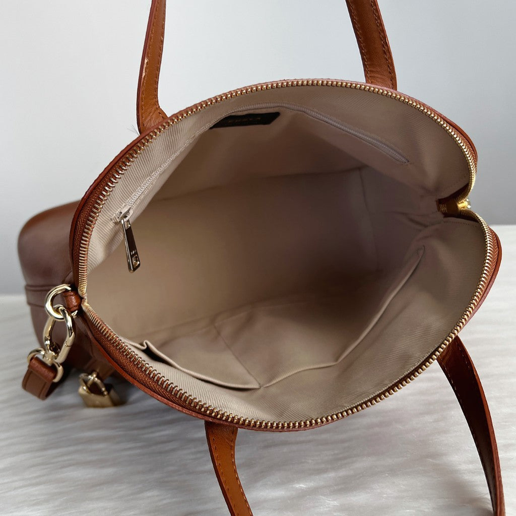 Furla Caramel Leather Front Logo Padlock Charm 2 Way Shoulder Bag Like New