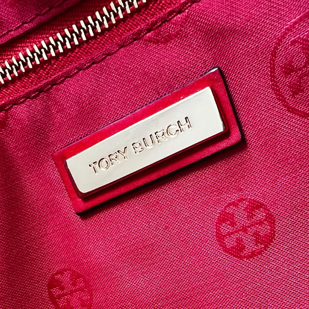 Tory Burch Woven Leather Front Logo Carryall Shoulder Bag Excellent