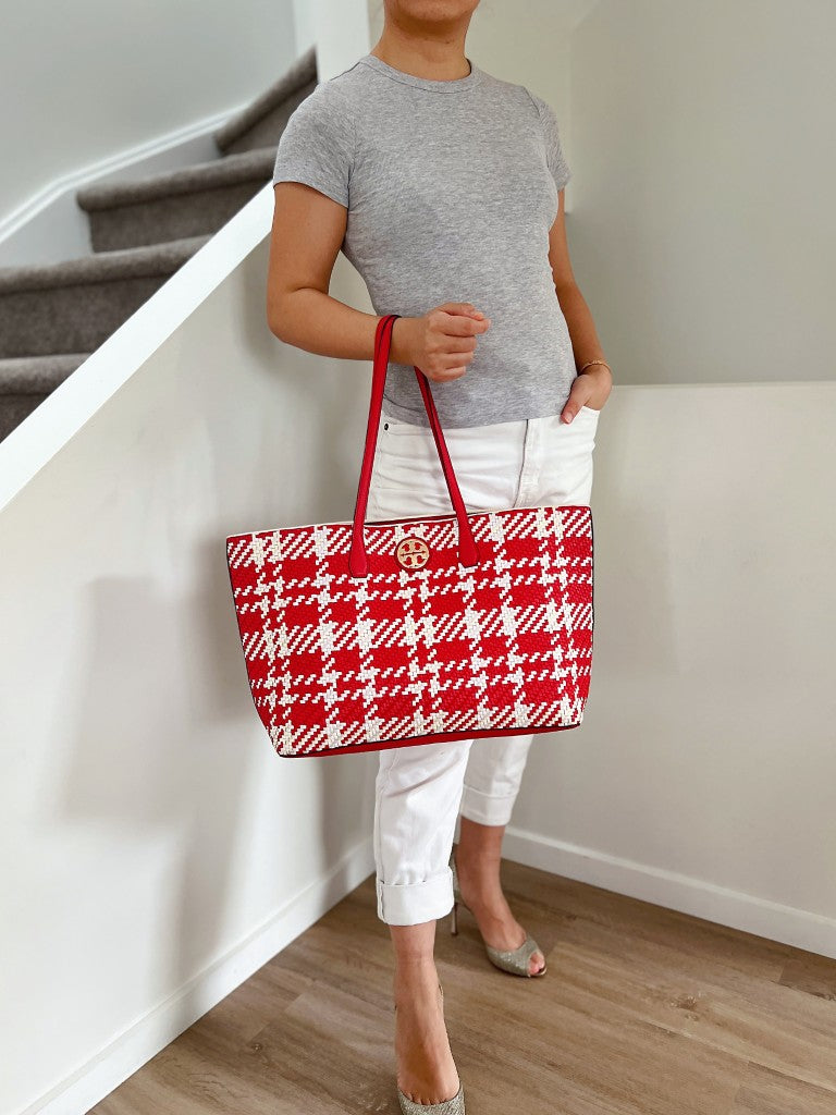 Tory Burch Woven Leather Front Logo Carryall Shoulder Bag Excellent