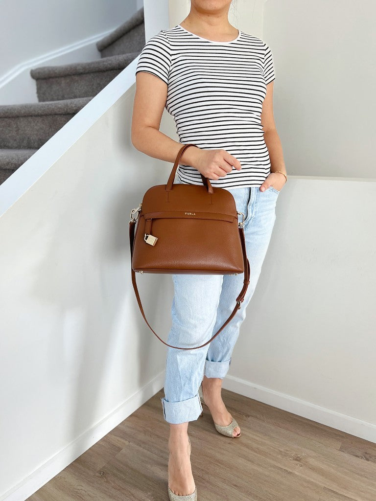 Furla Caramel Leather Front Logo Padlock Charm 2 Way Shoulder Bag Like New