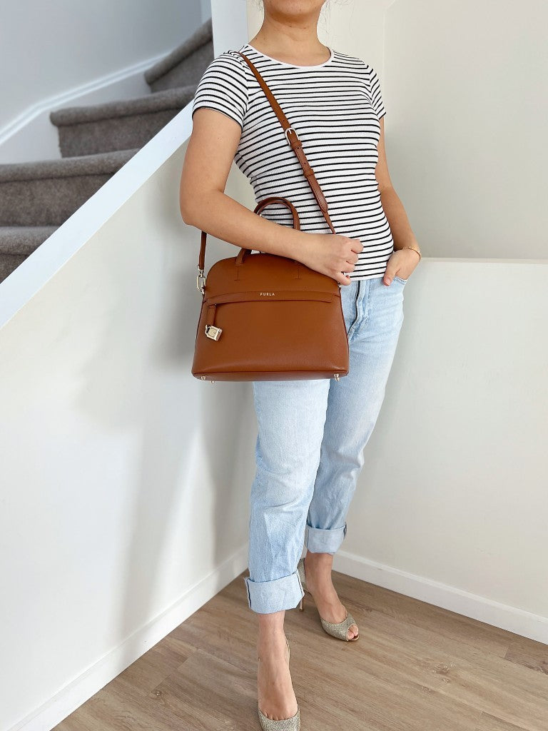 Furla Caramel Leather Front Logo Padlock Charm 2 Way Shoulder Bag Like New