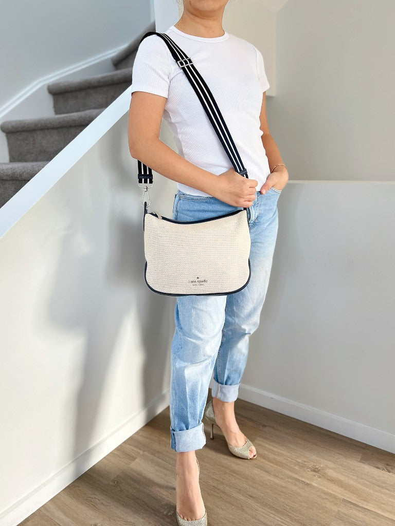 Kate Spade Navy Leather Trim Double Strap Crossbody Shoulder Bag Like New