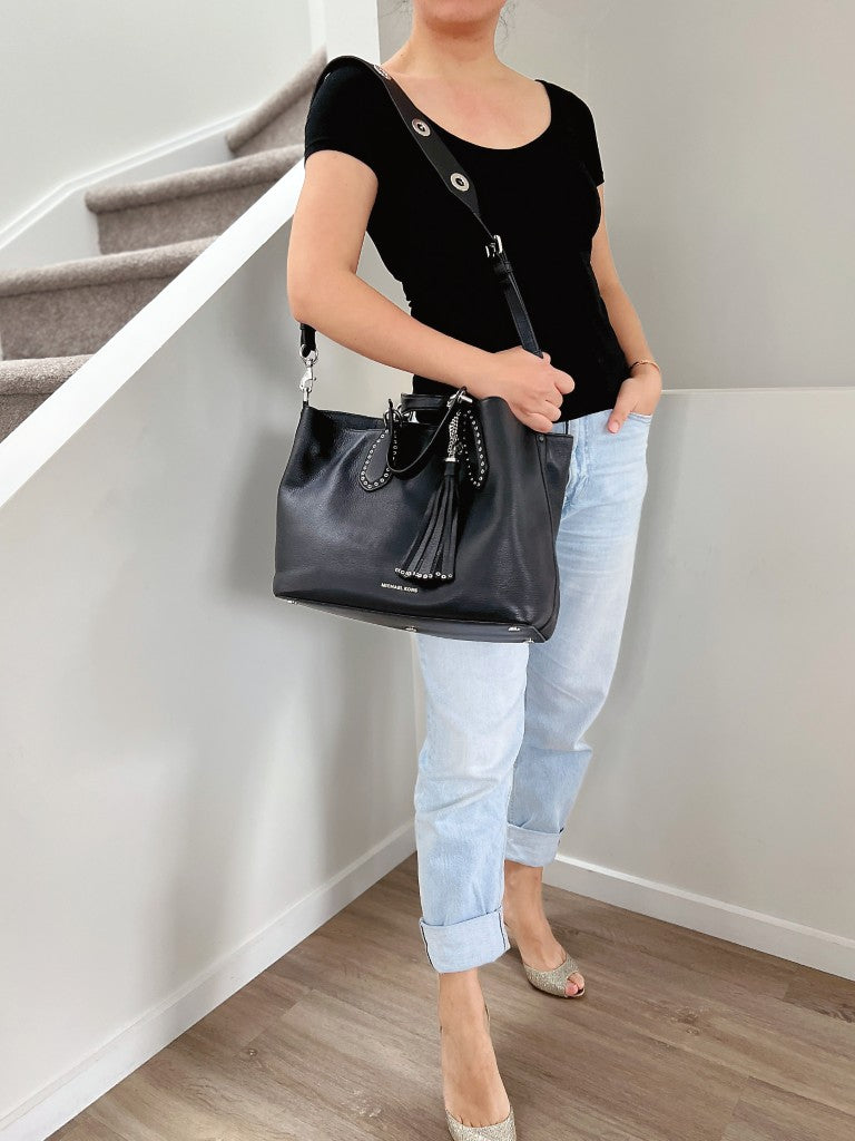 Michael Kors Black Leather Tassel Charm Large 2 Way Shoulder Bag Like New